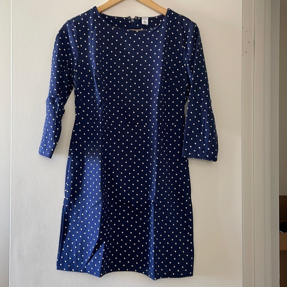 Old Navy 3/4th Sleeves Ponte Sheath Dress in Blue and White Polka Dots, M Petite